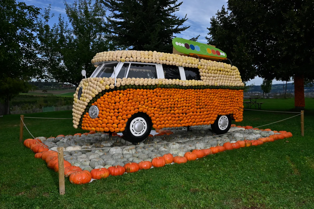 Ein Van als Kürbis-Skulptur: Sinnbild für den Traum vom Unterwegssein. Ganz im Sinne der Ausstellung «Gute Reise». VW-Bus aus Kürbissen.